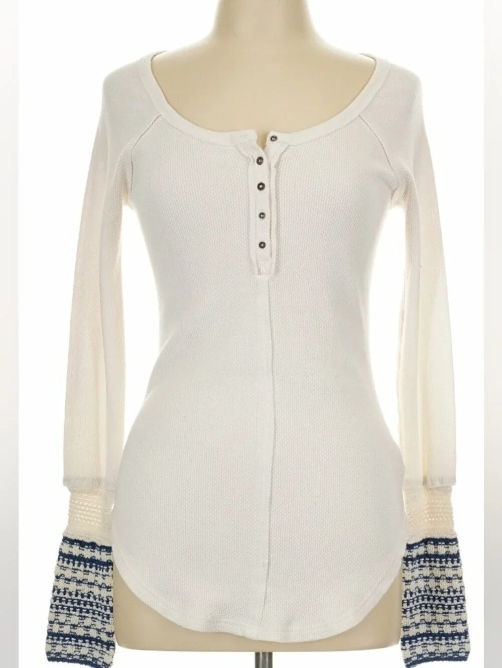 Free People Newbie Ski Lodge Off-White Henley Top with Crochet Knit Cuffs
